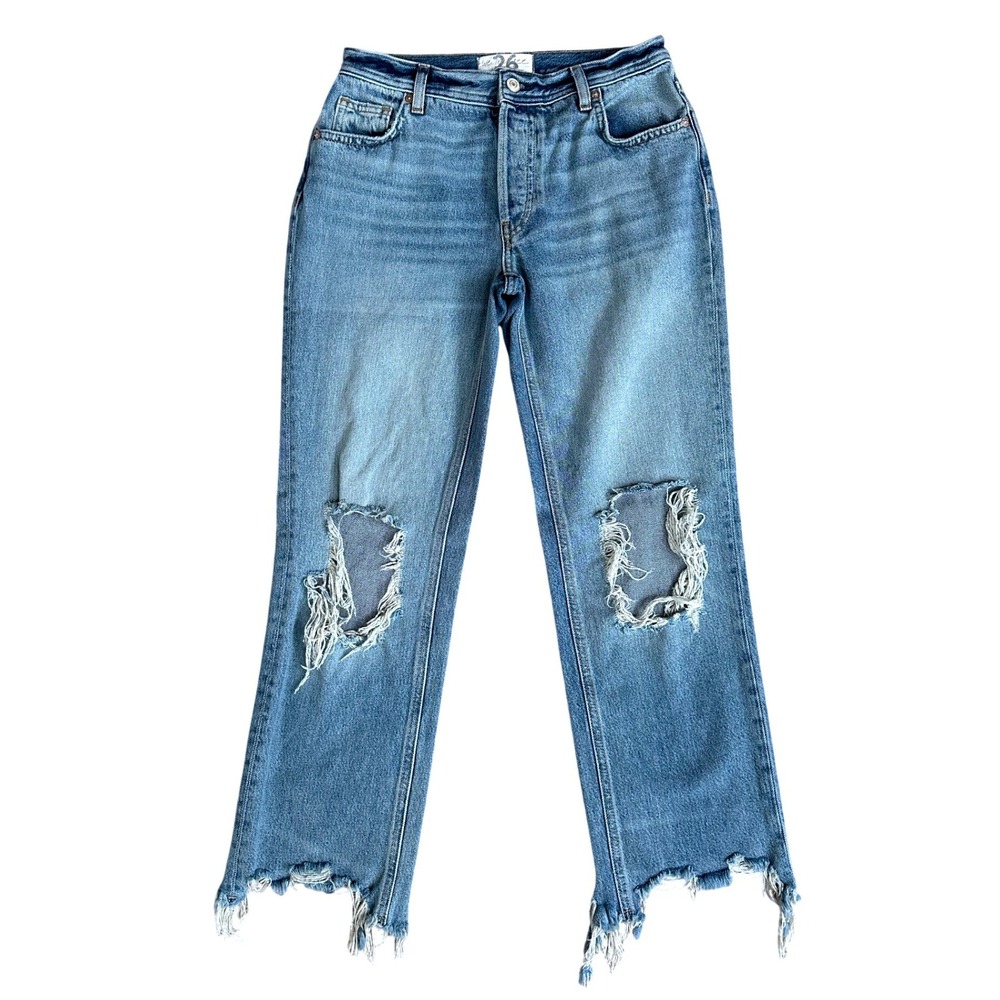 We The Free People Straight Leg Jeans Womens 26 Blue Distressed Raw Hem Boho